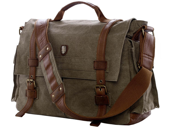 17 Laptop Army Green Leather & Canvas Messenger Bag