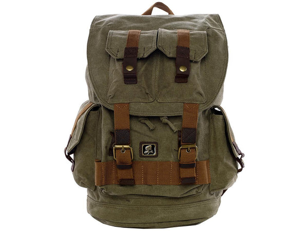 Army Green Canvas Hiking School Heavy Duty Rucksack Backpack with Many Pockets