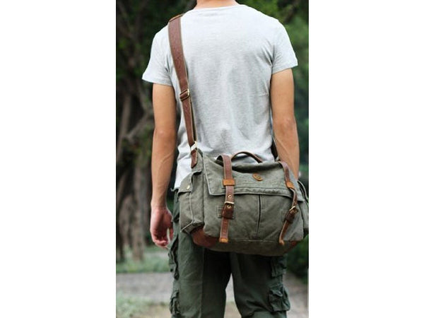 Washed 17 Canvas & Leather Laptop Bag in Army Green with Brown