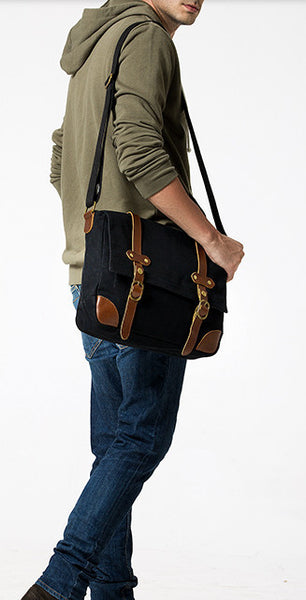 Black Canvas & Leather Messenger Bag For Men - Serbags
 - 3