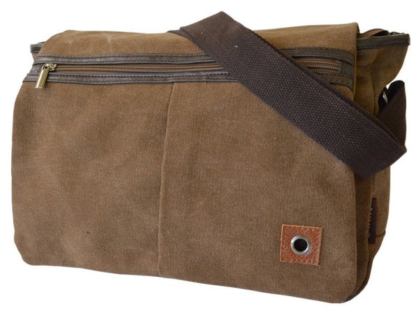 Brown Canvas Messenger Bag With Leather Pockets