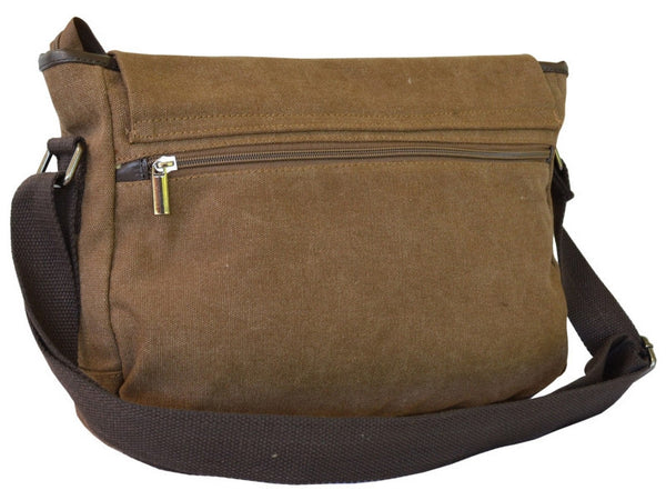 Brown Canvas Messenger Bag With Leather Pockets
