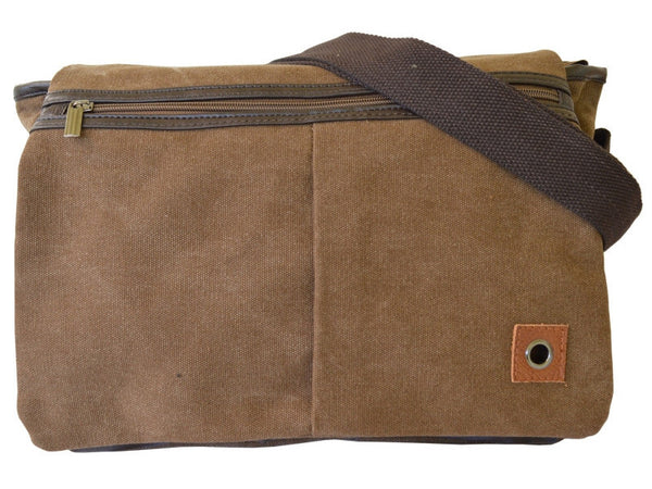 Brown Canvas Messenger Bag With Leather Pockets
