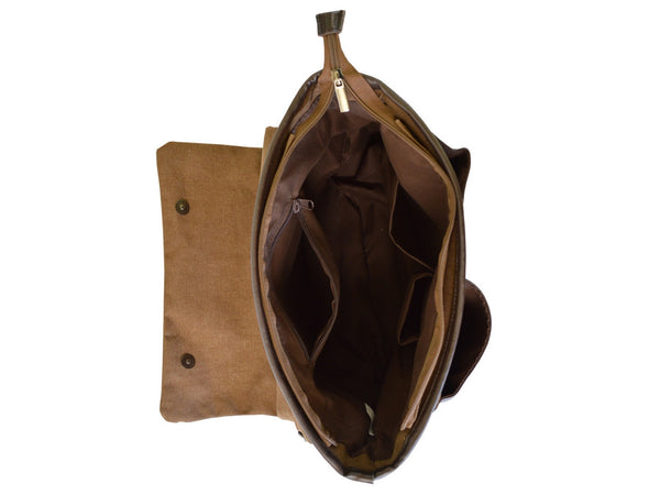 Brown Canvas Messenger Bag With Leather Pockets