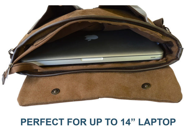 Brown Canvas Messenger Bag With Leather Pockets