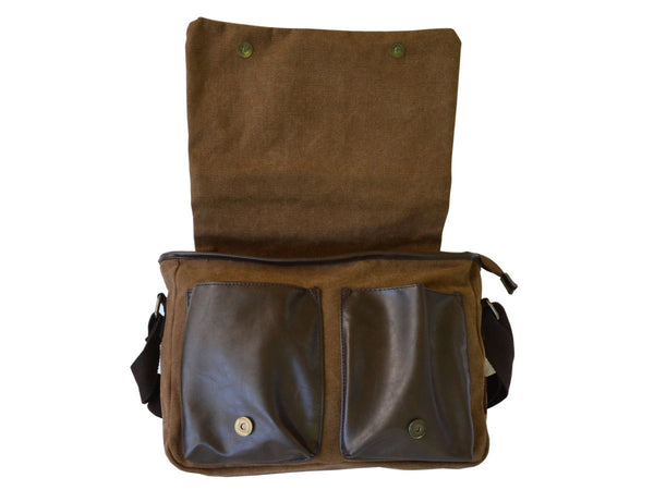 Brown Canvas Messenger Bag With Leather Pockets