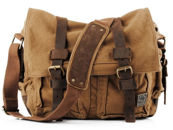 brown leather canvas messenger bag